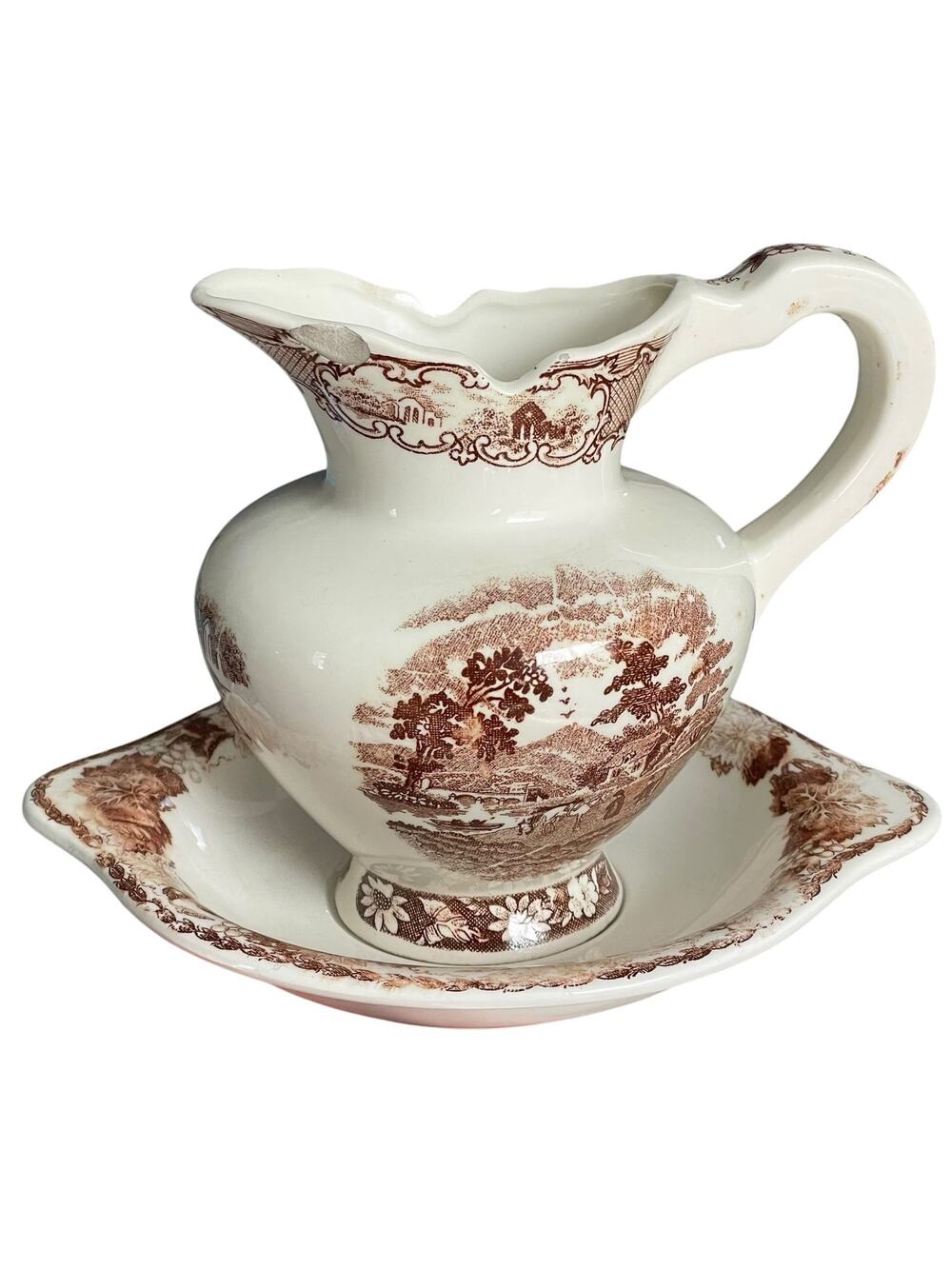 Brown Transferware Ironstone Pitcher & Plate Pastoral Vintage Small FLAWED